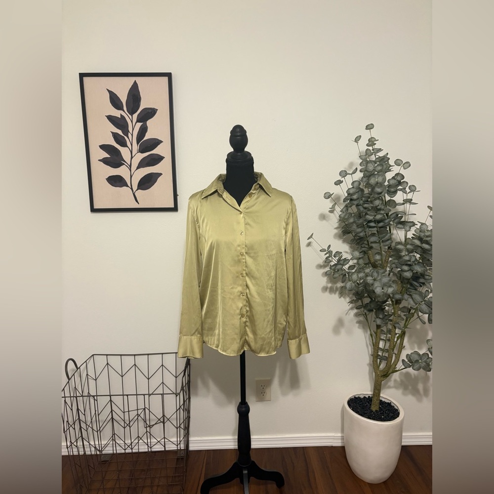 -SOLD-Maison Jules Olive Satin Button-Down Shirt